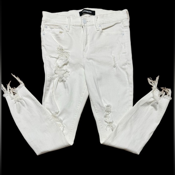 Express White mis rise Distressed straight Leg Jeans Stretch Raw Hem Women’s 4 - Picture 2 of 16